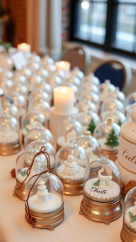 A display of winter-themed guest favors under glass domes, featuring snowy decorations and small trees.