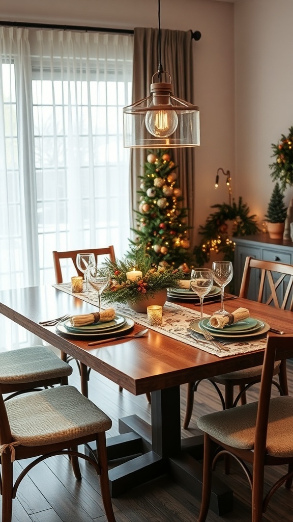 A beautifully set dining table with a winter-themed table runner, elegant dinnerware, and a cozy atmosphere.