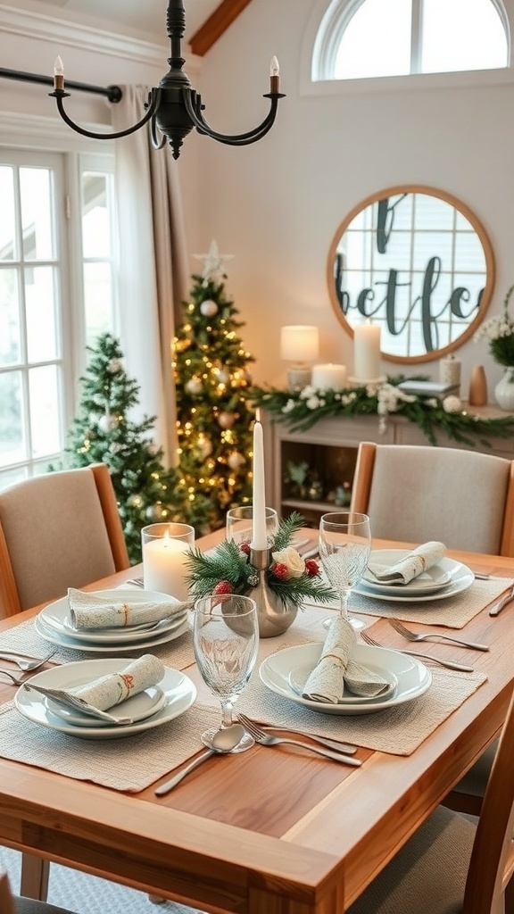 A winter-themed table setting with plates, glasses, and a festive centerpiece, surrounded by Christmas decorations.