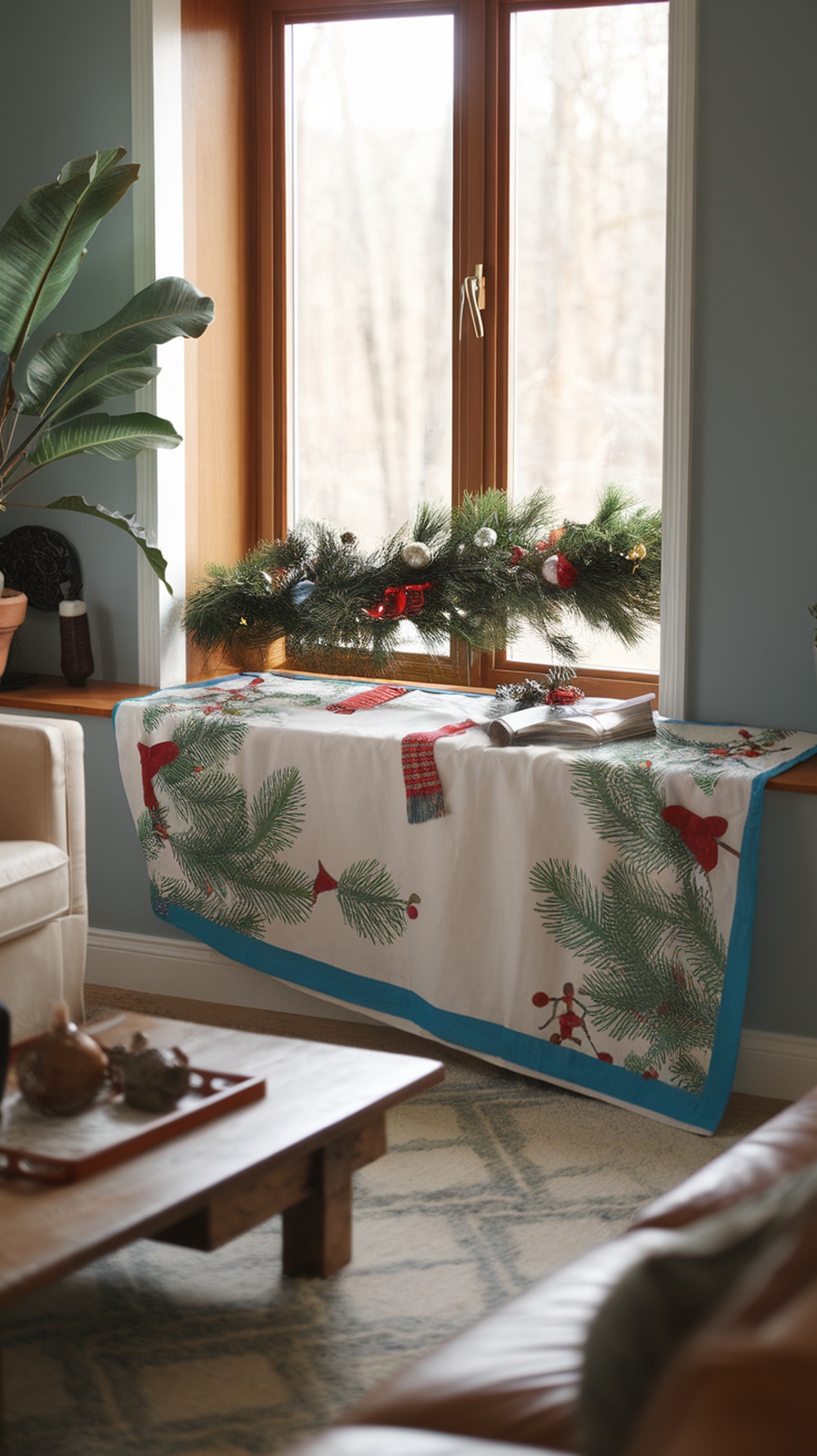A winter-themed tablecloth draped on a window ledge, featuring pine branches and red bows, with a garland above it.
