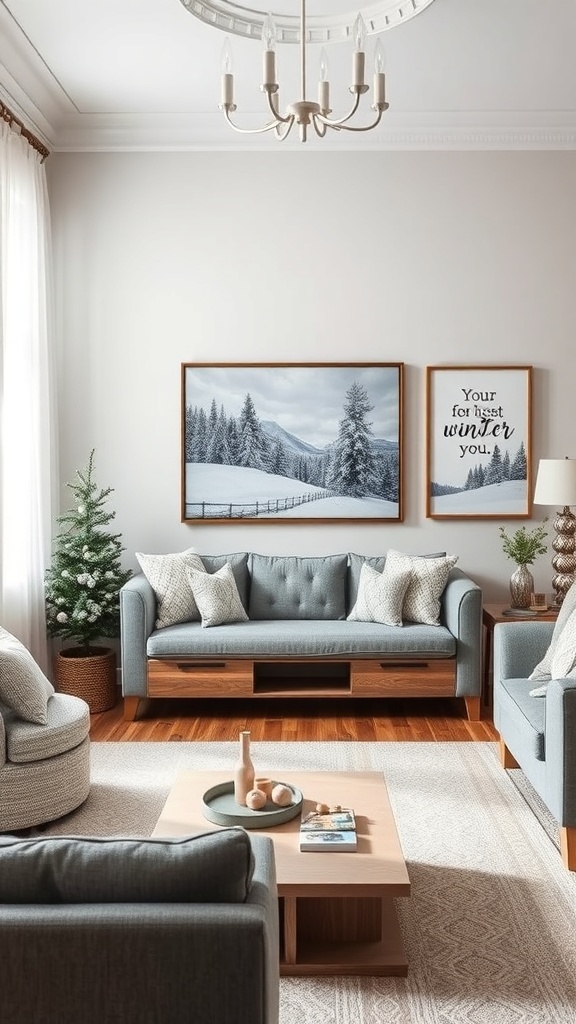 A cozy living room with winter-themed wall art featuring a snowy landscape and a quote about winter.