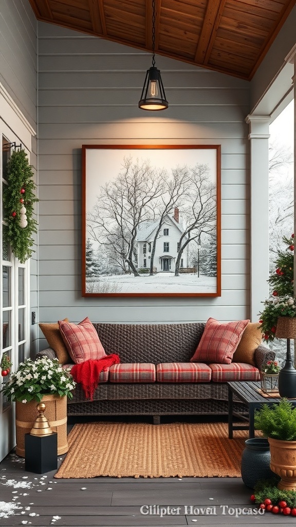 A cozy winter porch with wall art depicting a snowy landscape, featuring a comfortable sofa and seasonal decorations.