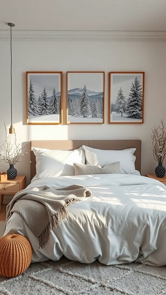 A cozy winter-themed bedroom featuring three framed prints of snow-covered trees, soft bedding, and decorative elements.