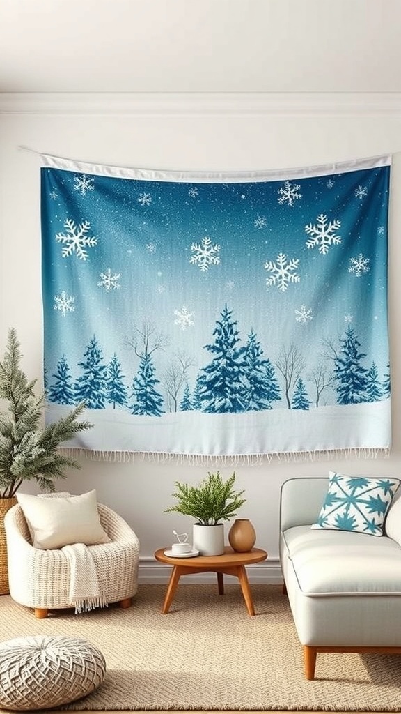 A cozy living room with a winter-themed tapestry featuring snowflakes and trees, complemented by soft furnishings.