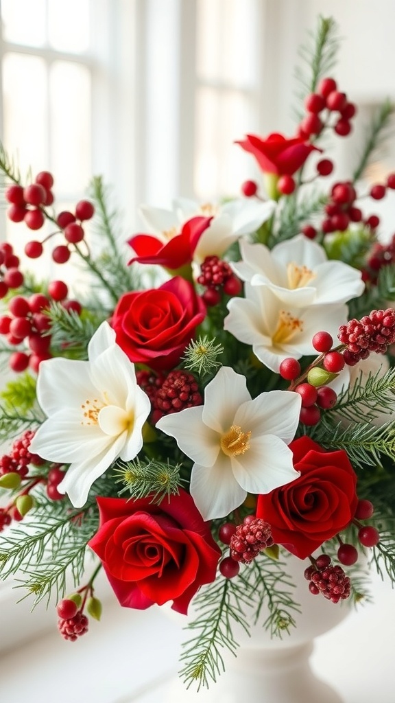 A winter floral arrangement featuring red roses, white flowers, and red berries.