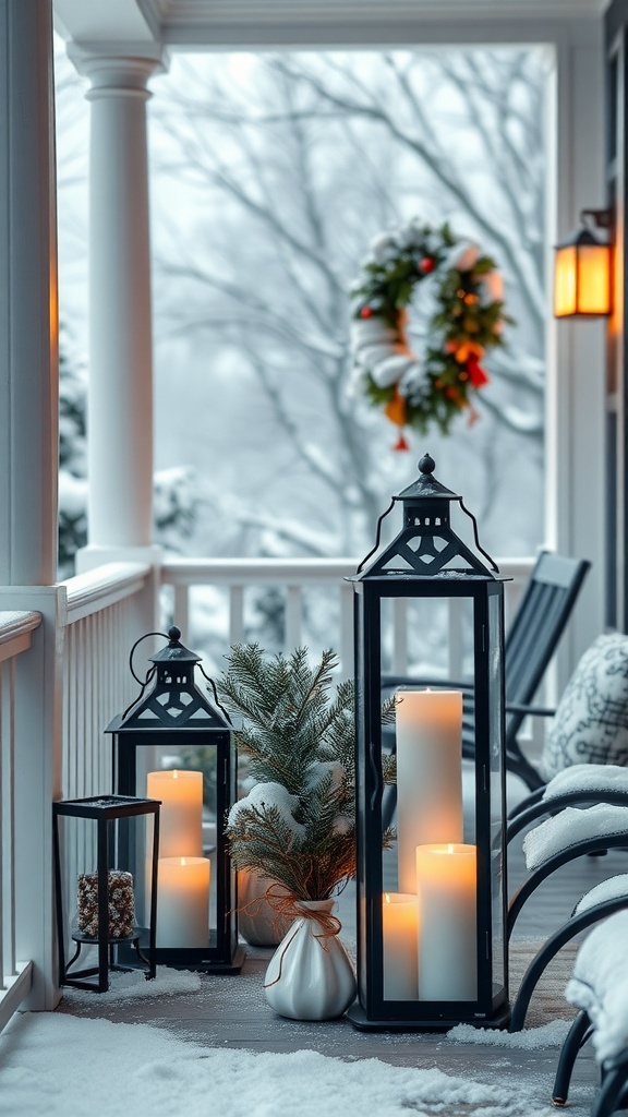 A cozy porch decorated with winter lanterns and a small evergreen plant, surrounded by snow.