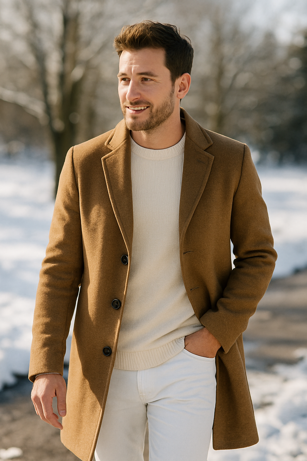 A man in a brown coat and cream sweater walking in the snow, wearing white jeans.