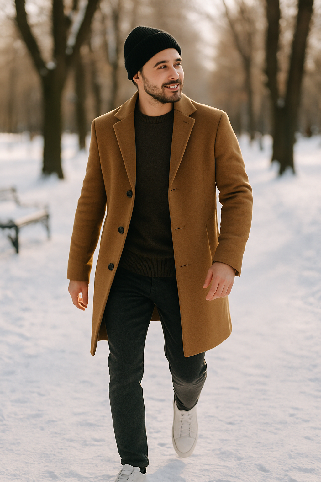 A man walking in the snow wearing a brown coat, black sweater, black pants, and white sneakers.