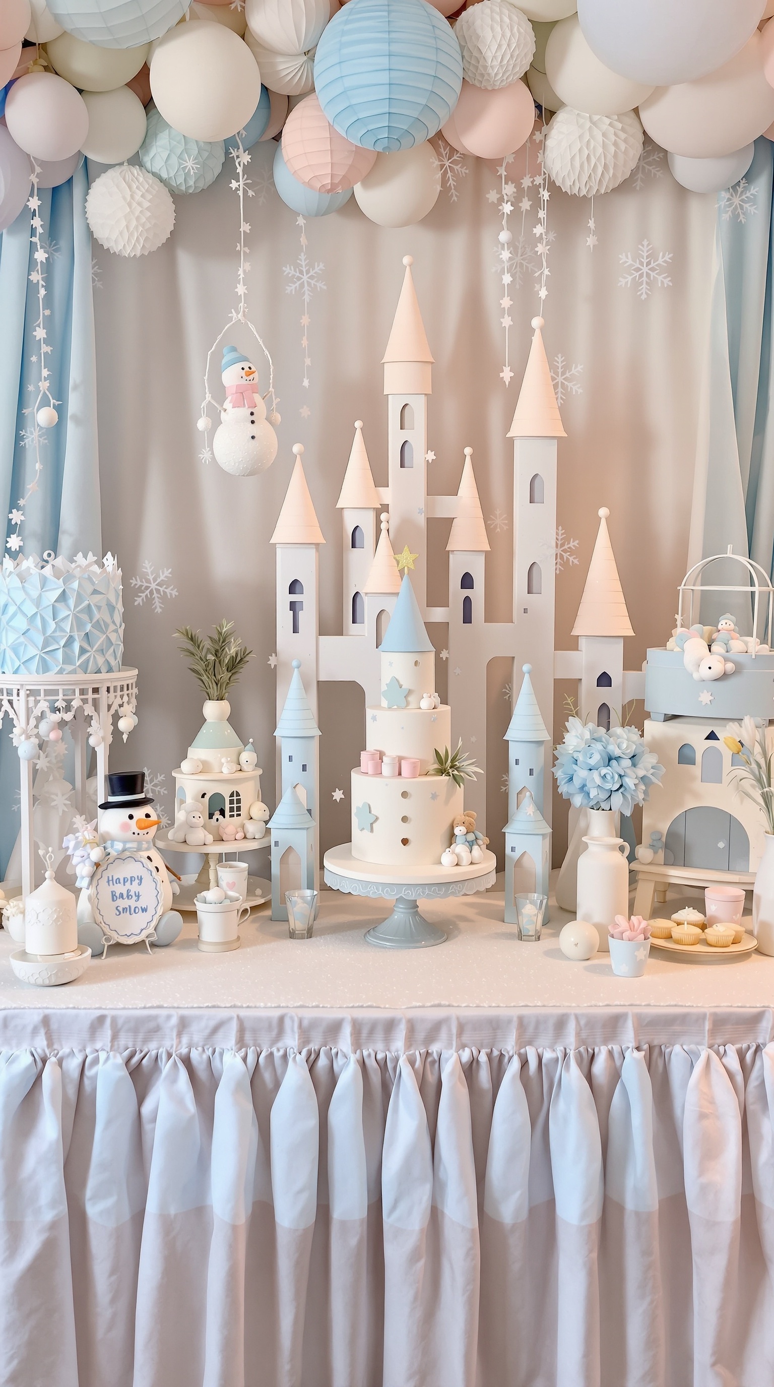 A beautifully decorated winter-themed baby shower with snowflakes, fairy lights, and cozy elements.