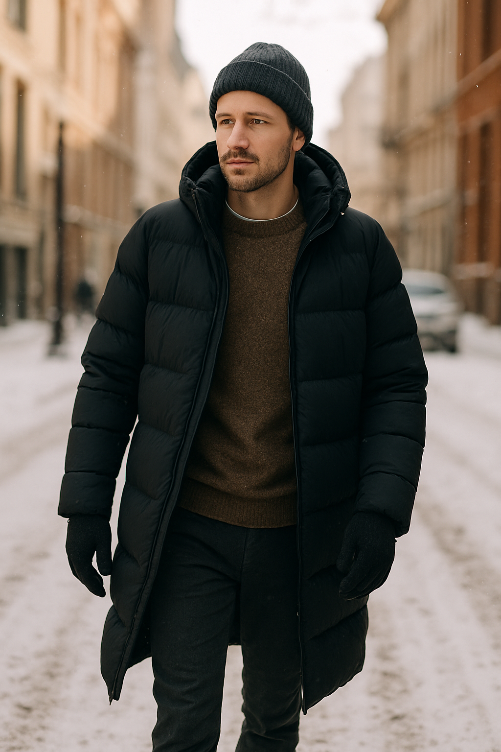 A man wearing a long black puffer coat, brown sweater, and knitted beanie, walking in a snowy street.