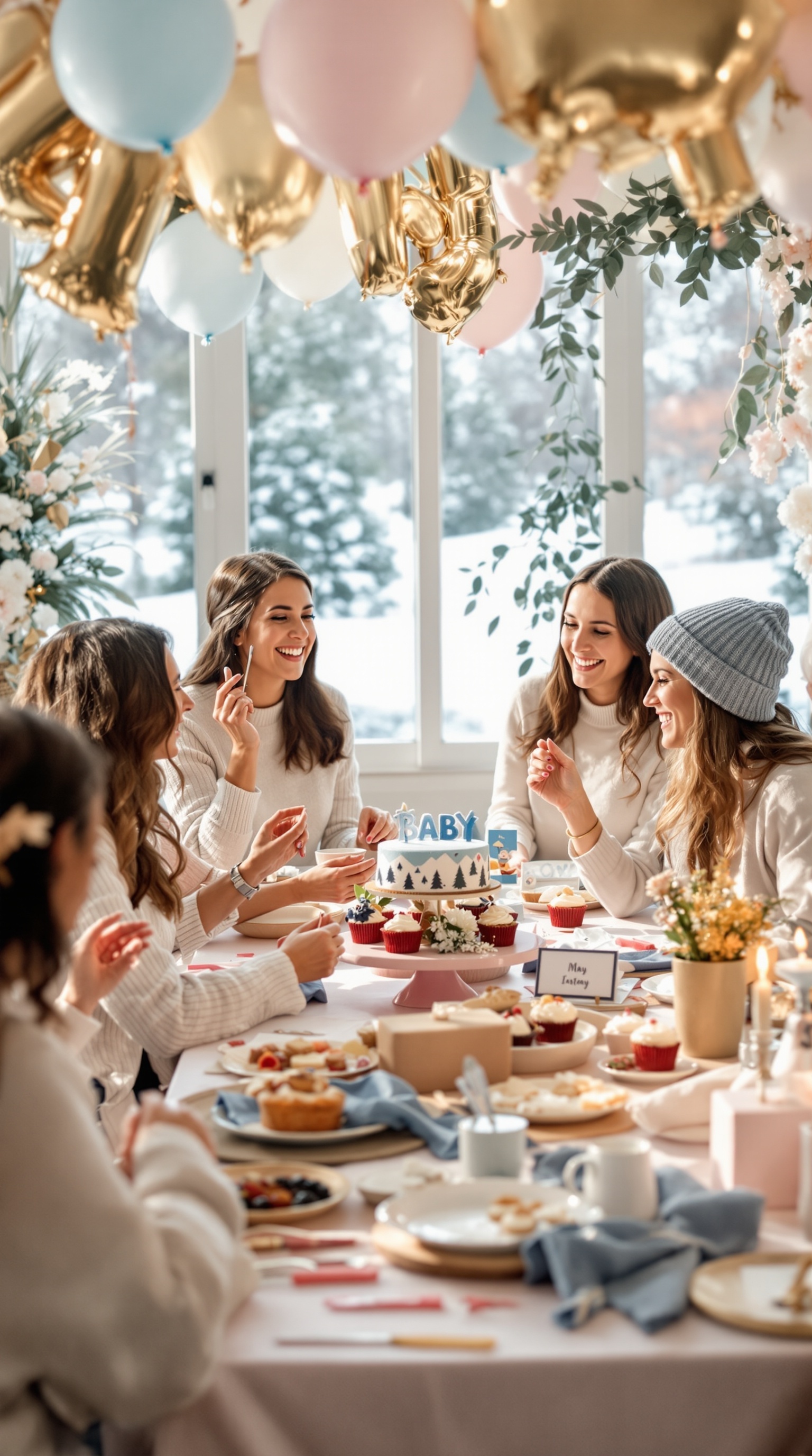 A winter-themed baby shower with friends enjoying a decorated table filled with treats and a cake.