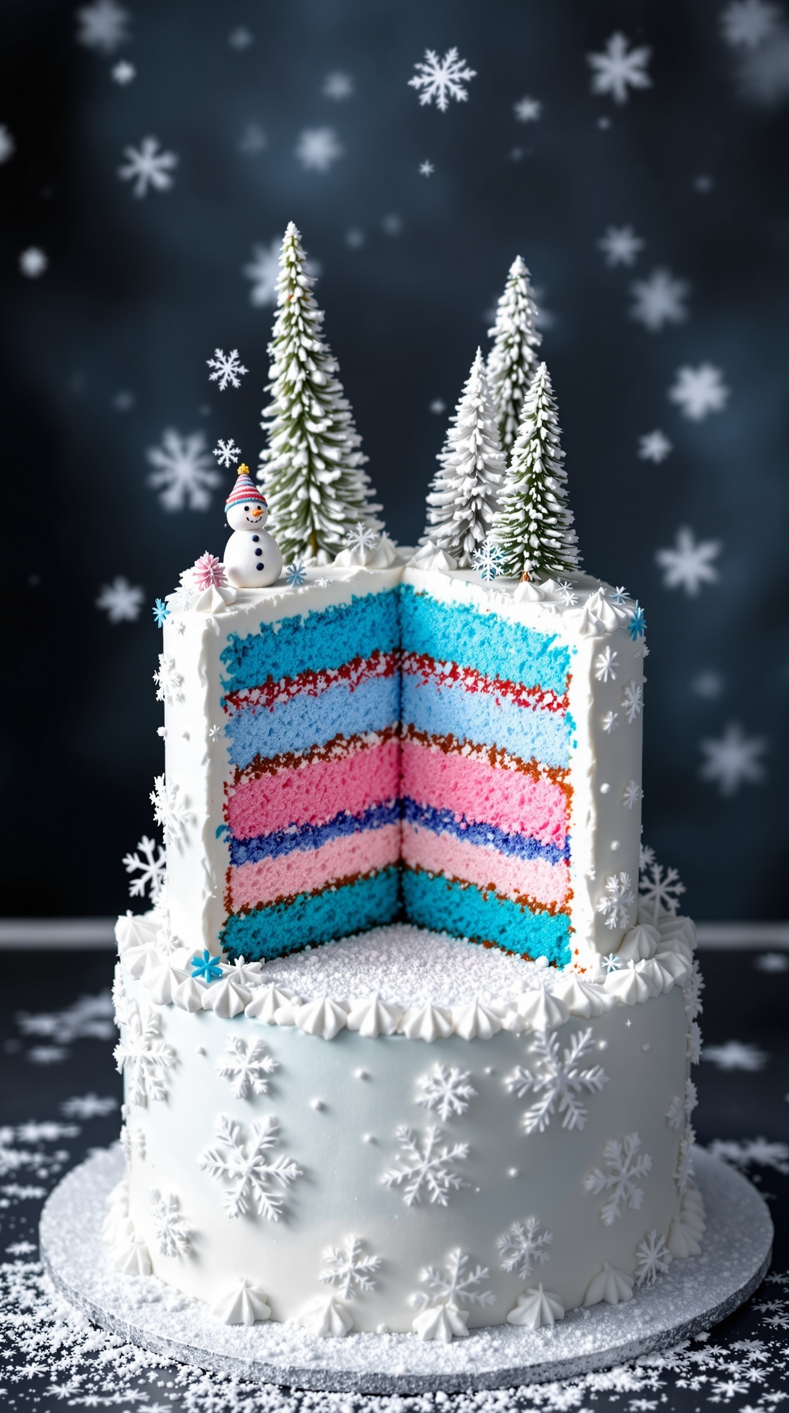 A beautifully decorated winter wonderland cake with white frosting, snowflake decorations, and a winter-themed cake topper.