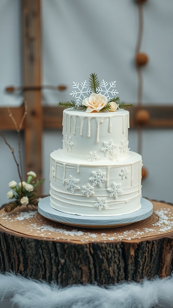A two-tiered winter wedding cake with snowflake decorations and a rose on top.