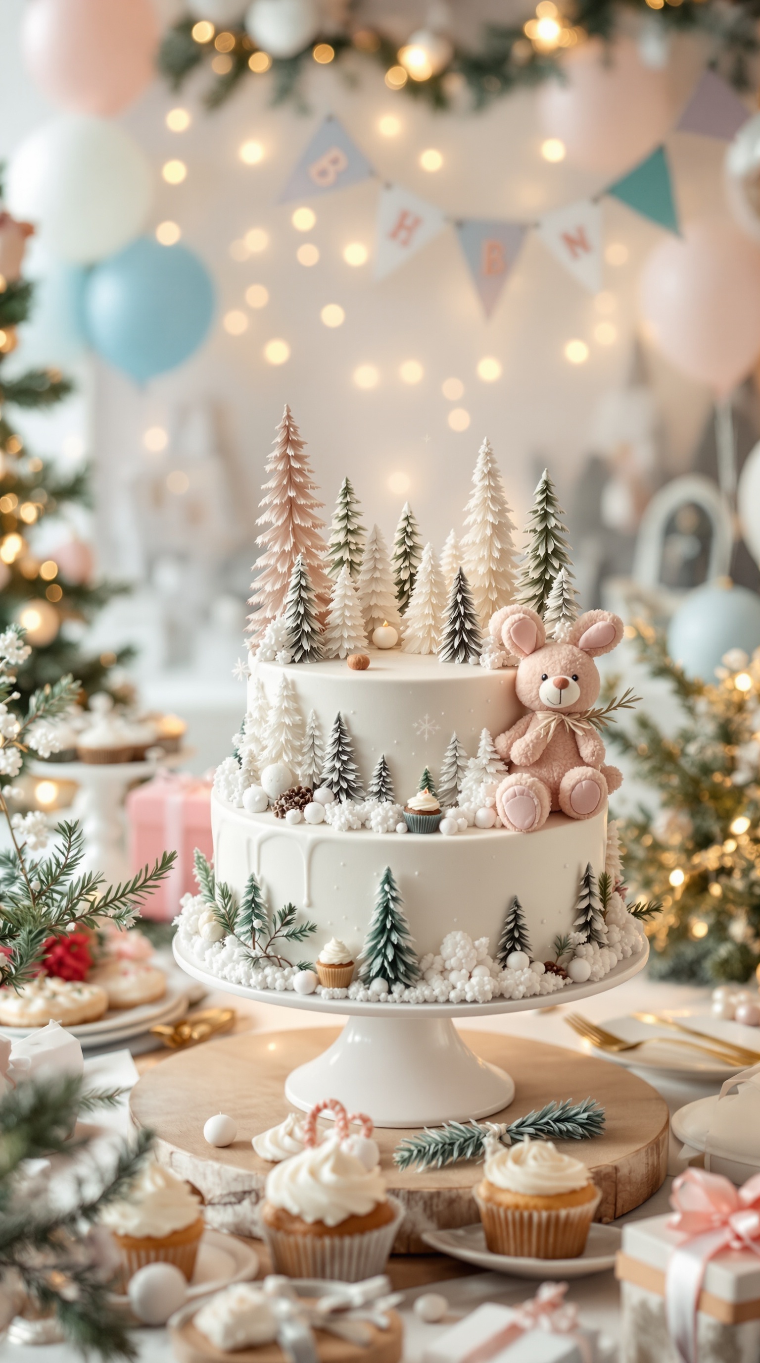 A beautifully decorated Winter Wonderland cake with fondant trees and a teddy bear, surrounded by festive treats.