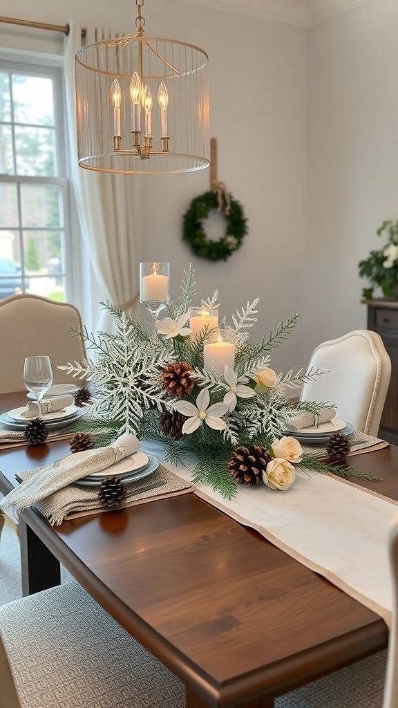 A winter-themed table centerpiece featuring white flowers, pinecones, and candles, set on a wooden dining table.