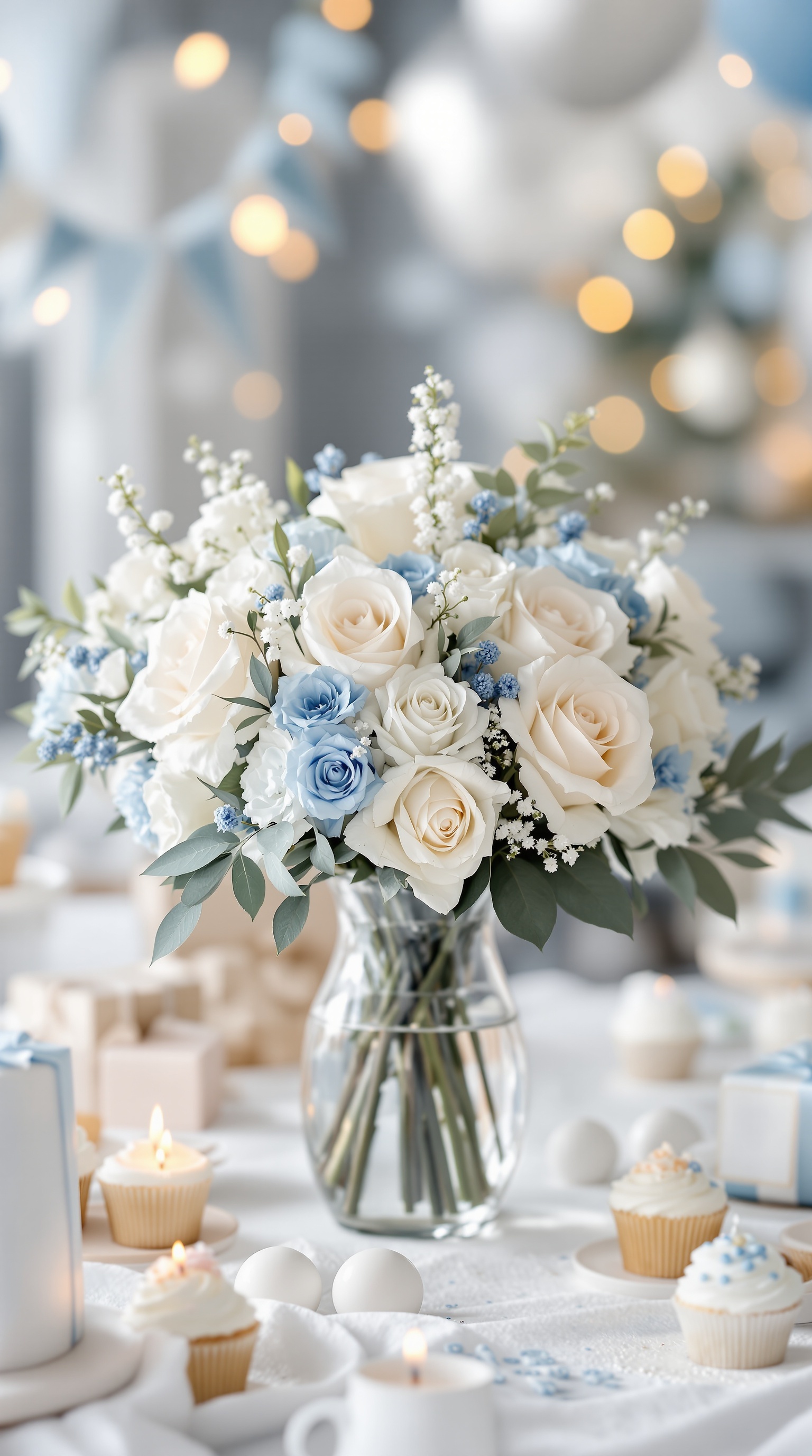 A beautiful winter floral bouquet with white and blue roses in a clear vase, surrounded by cupcakes and candles.