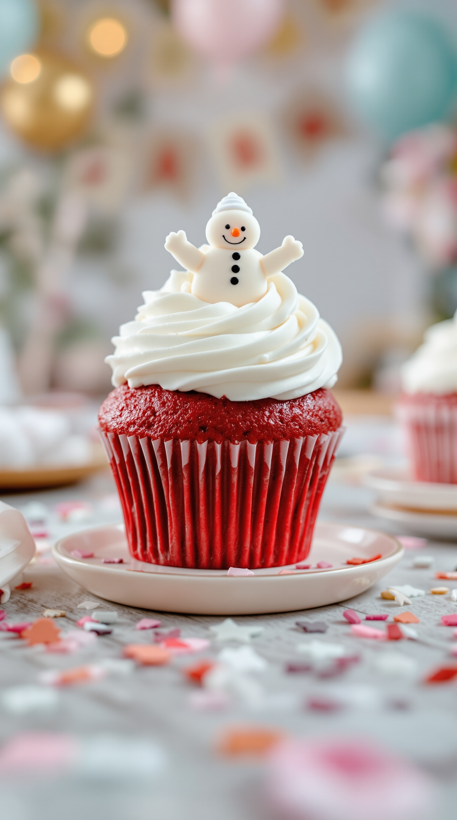 A close-up of a red velvet cupcake topped with white frosting and a snowman decoration, surrounded by colorful confetti.