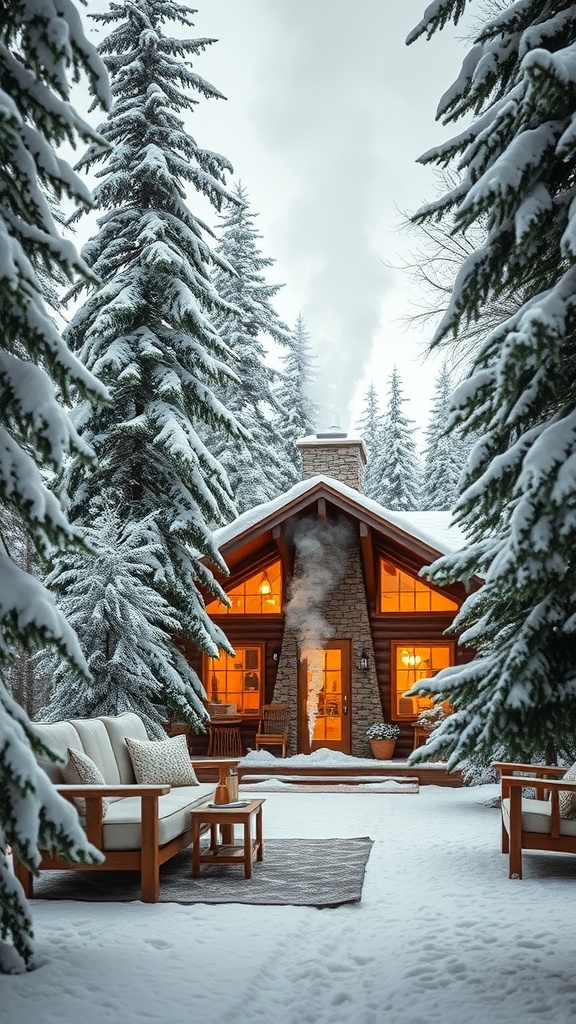 A cozy cabin in a snowy landscape surrounded by tall evergreen trees.