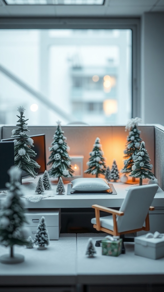 A cozy cubicle decorated for Christmas with miniature snow-covered trees and soft lighting.