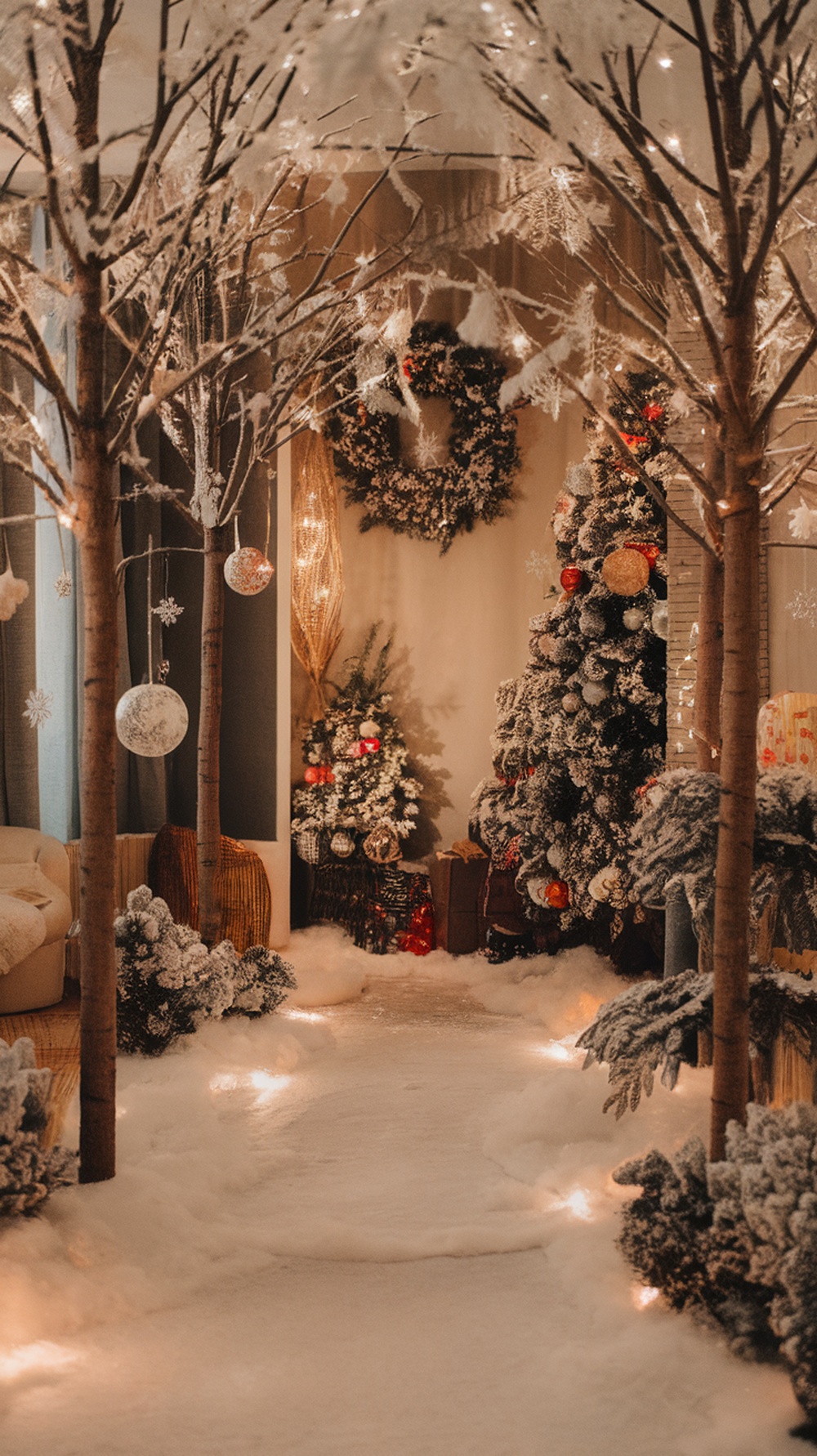 A cozy winter wonderland scene with snow-covered trees, a decorated Christmas tree, and festive ornaments.