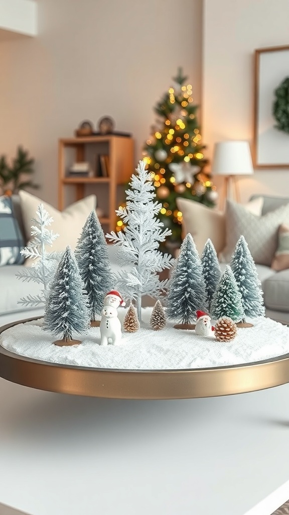 A coffee table decorated with a winter wonderland scene featuring fake snow, miniature trees, and a cozy Christmas atmosphere.