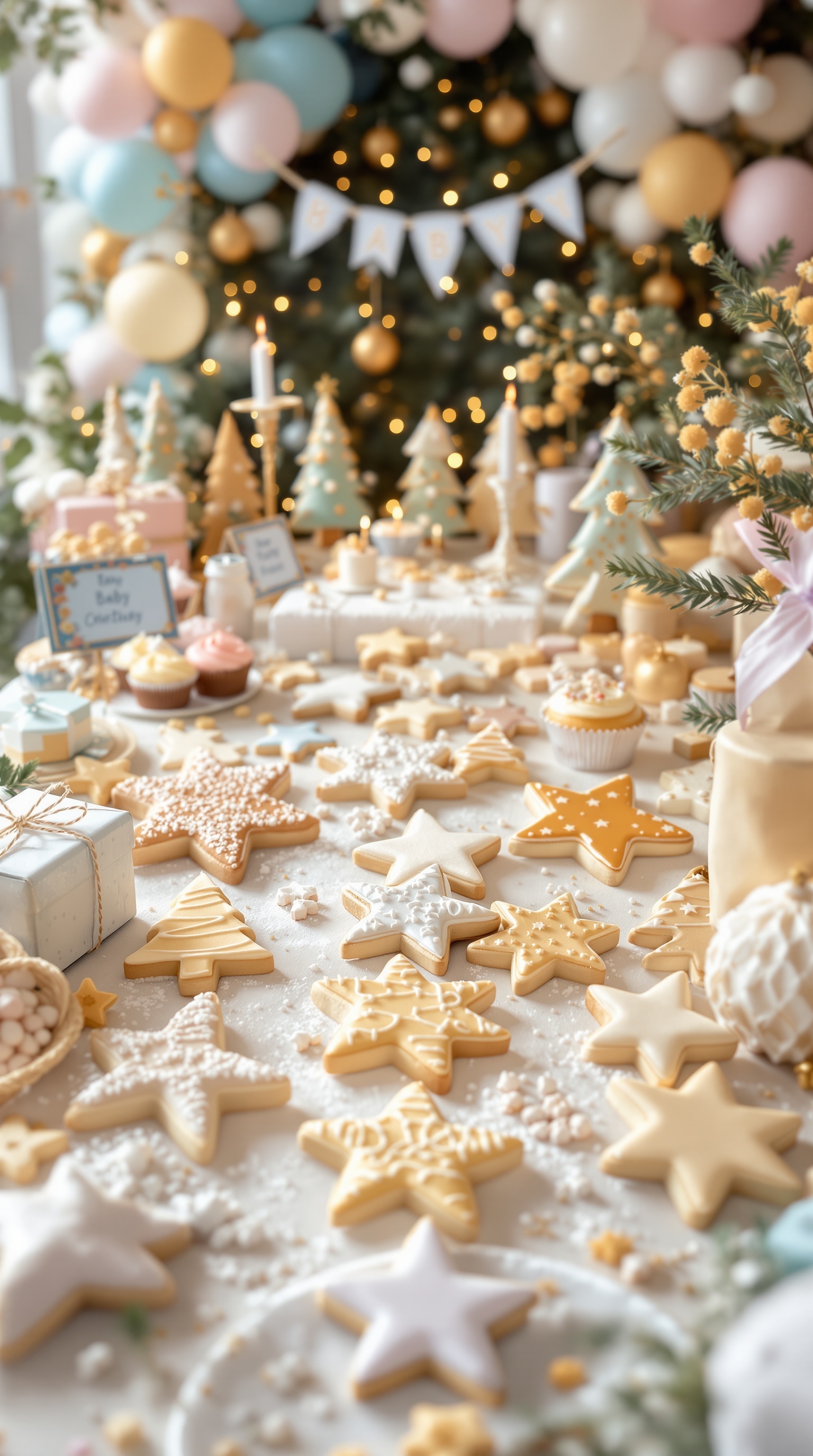 A beautifully arranged table of winter-themed cookies in various shapes and colors, perfect for a baby shower.
