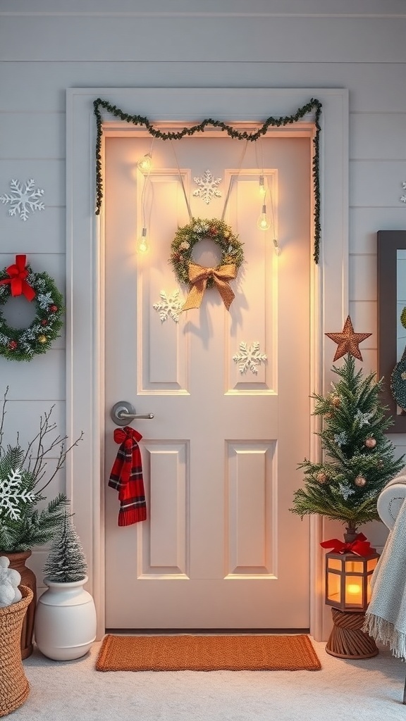 A decorated door for winter with a wreath, snowflakes, lights, and a small tree.