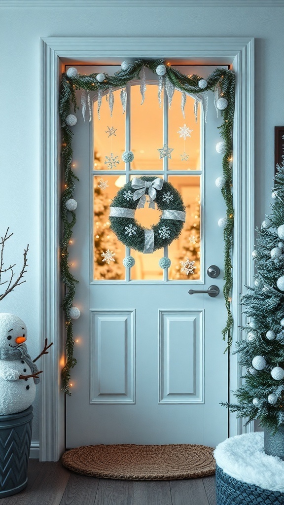 A beautifully decorated door for a winter wonderland theme, featuring a wreath, garlands, snowflakes, and a snowman.
