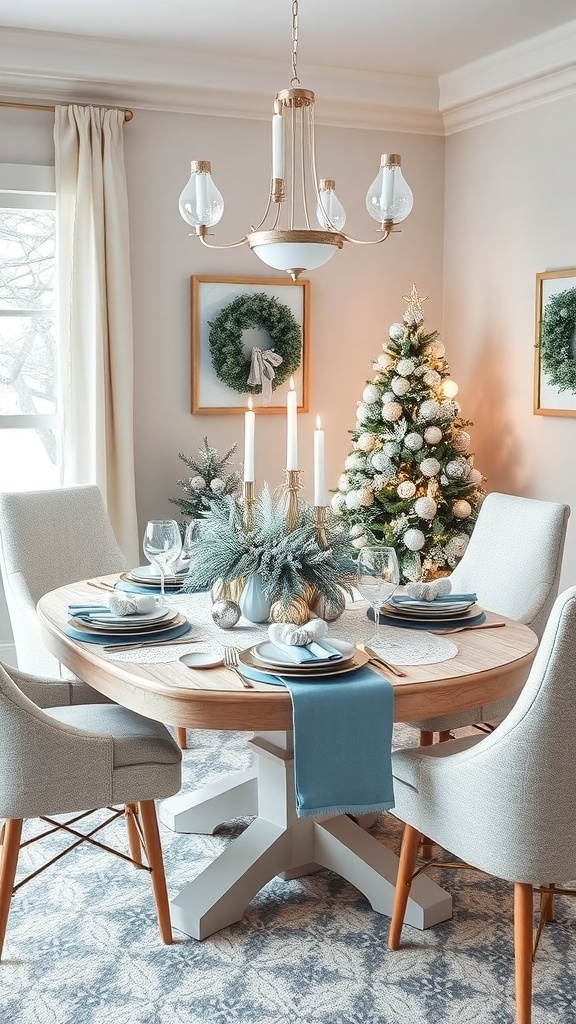 A beautifully decorated dining table for a winter wonderland theme, featuring a round wooden table, blue table runner, elegant chairs, candles, and a small Christmas tree.