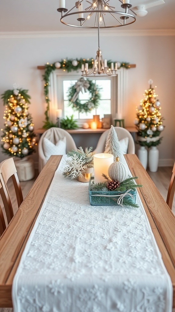 A winter wonderland themed table runner on a wooden table, decorated with candles, pinecones, and evergreen arrangements.