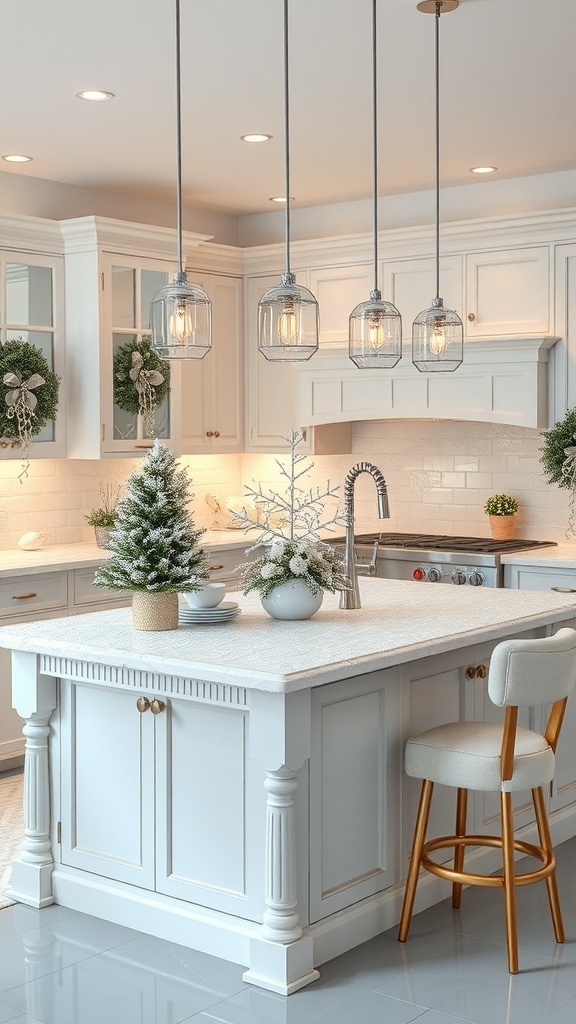 A beautifully decorated kitchen island with faux snow, a small evergreen tree, and warm pendant lighting.
