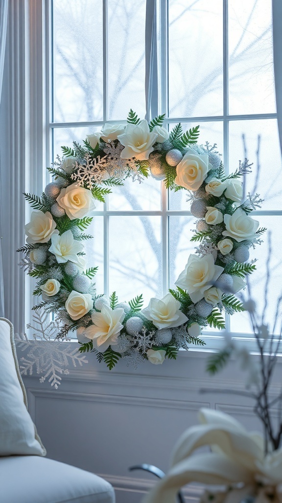 A winter wreath featuring white roses, silver ornaments, and snowflakes, displayed in a window.