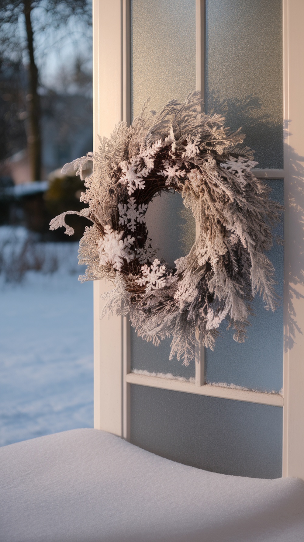 A frosty winter wreath with snowflakes hanging on a door, surrounded by snow.