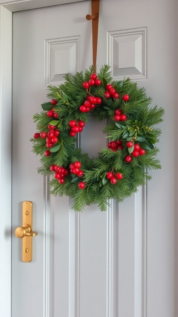 A winter wreath with red berries hanging on a door