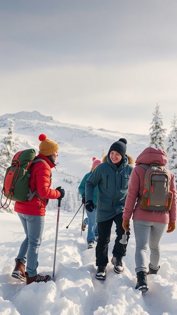 A group of friends enjoying a winter hike in the snow, wearing colorful jackets and hats.
