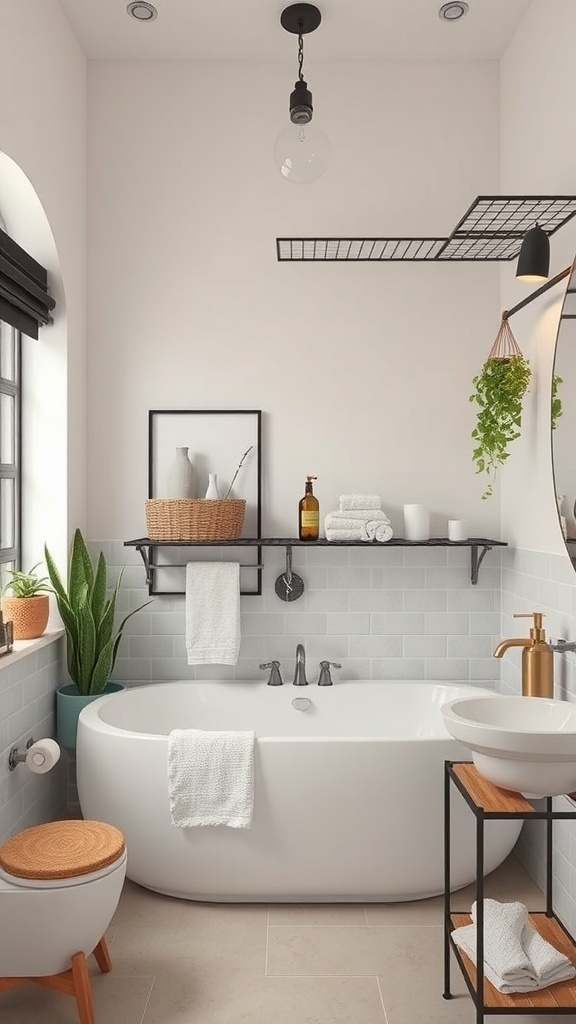 A modern bathroom featuring wire shelving units with decorative items and plants.