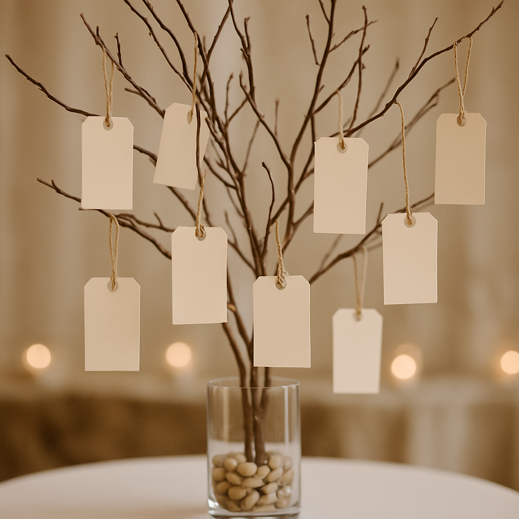 A wishing tree with blank tags hanging from branches, set on a table.
