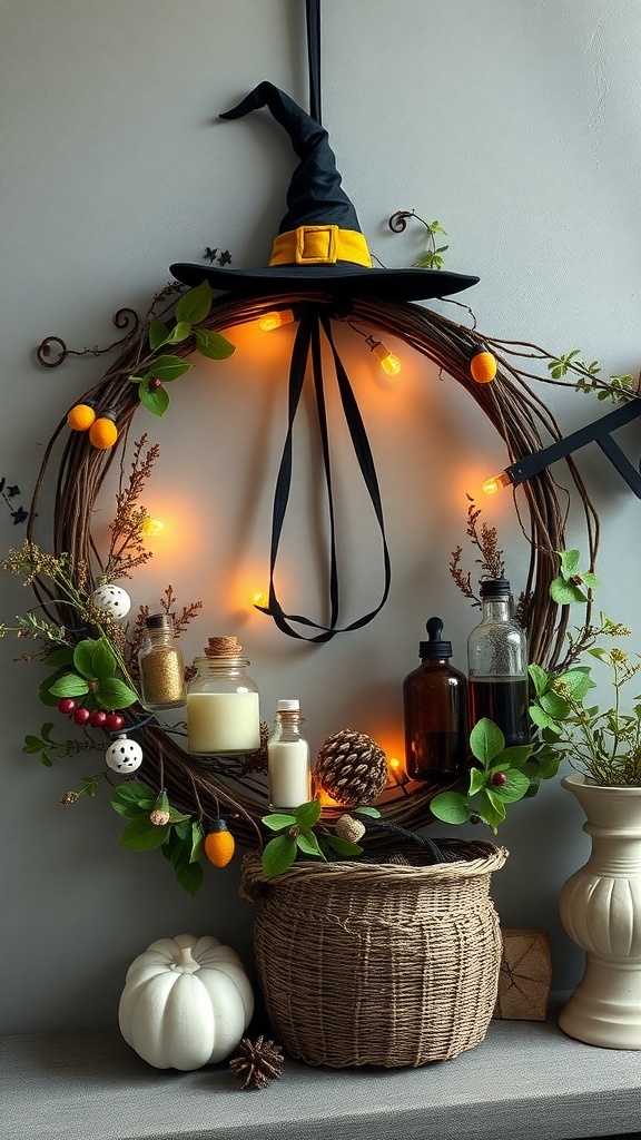 A Halloween wreath featuring a witch's hat, potion bottles, and fairy lights.