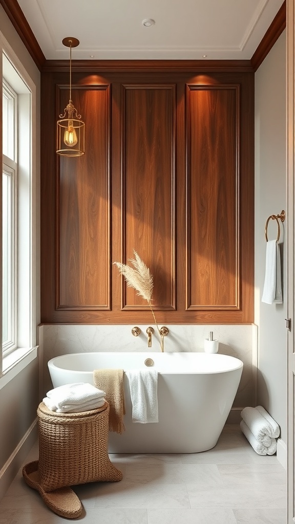 A bathroom featuring wood paneling on the accent wall, a modern bathtub, and soft lighting.