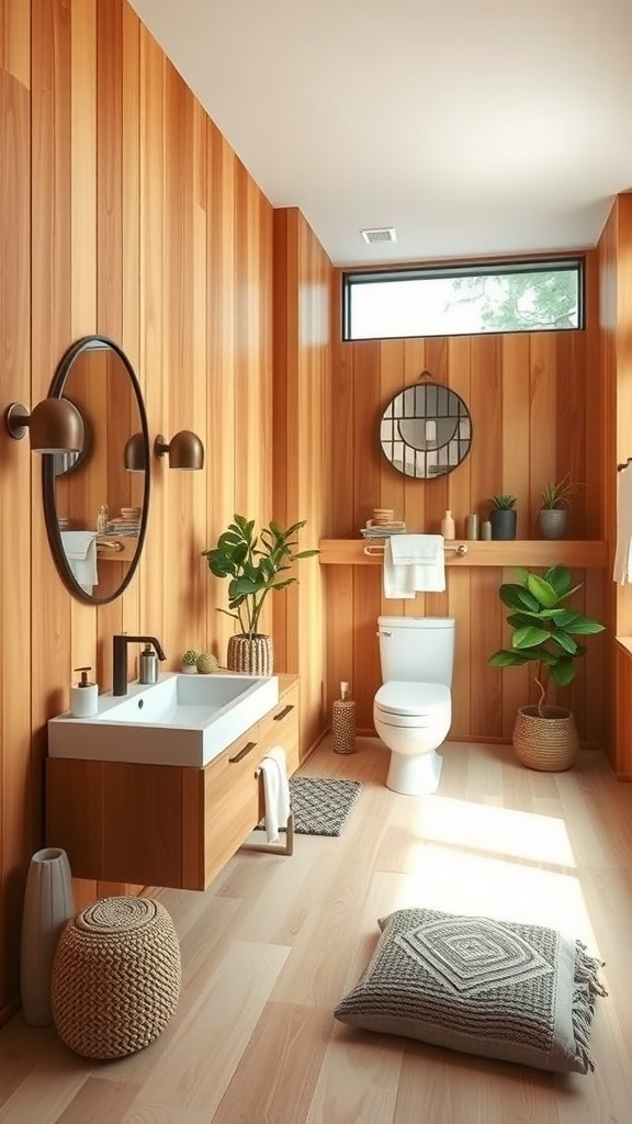 A modern bathroom with warm wood paneling, plants, and stylish fixtures.