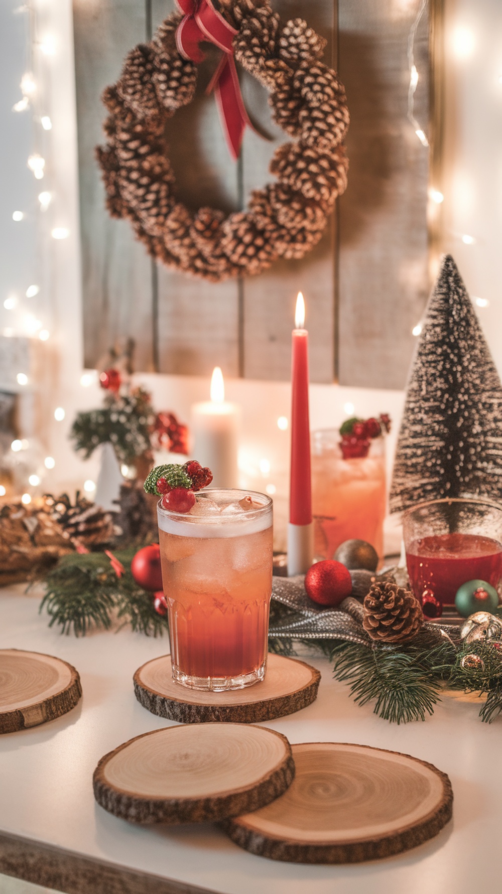 A festive table setting with wood slice coasters, drinks, candles, and holiday decorations.