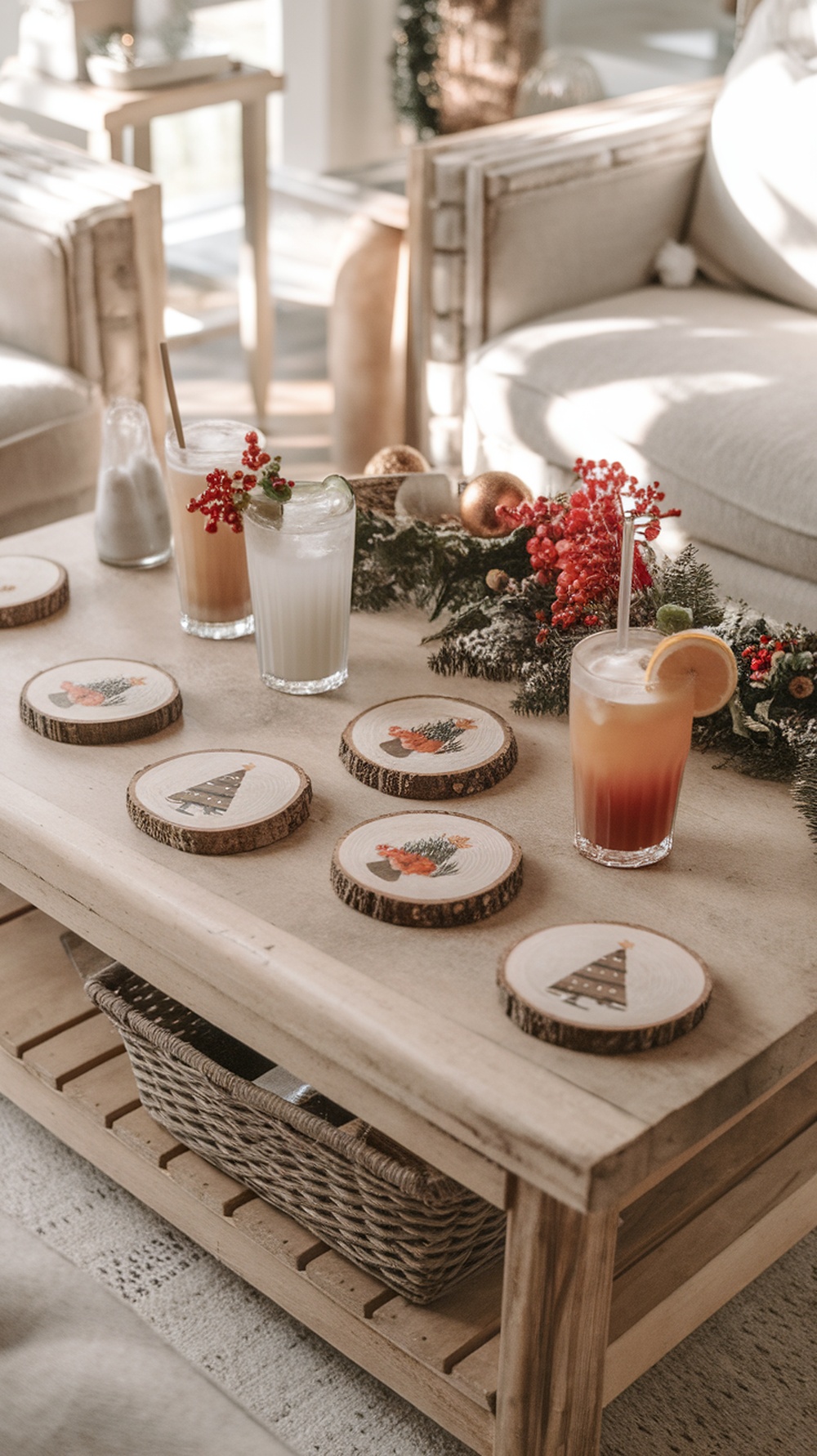 A cozy living room table with wood slice coasters featuring Christmas designs, surrounded by festive drinks and decorations.