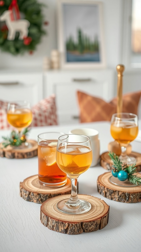 Wood slice coasters with drinks on a table, decorated for Christmas