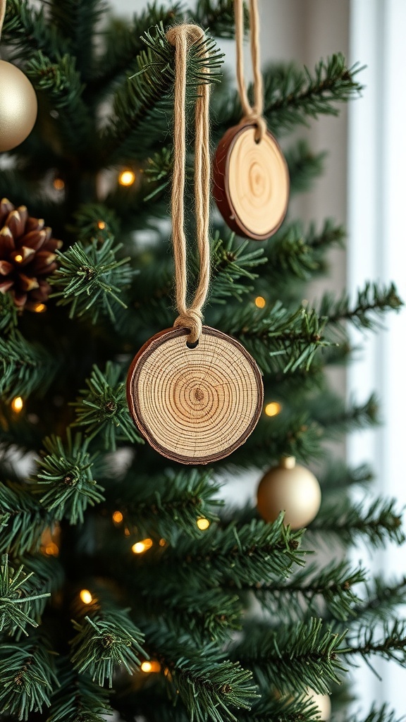 Wood slice ornaments hanging on a Christmas tree with golden baubles and pinecones.