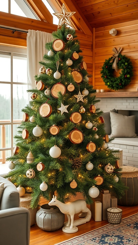 A beautifully decorated Christmas tree featuring wood slice ornaments, shiny baubles, and a star on top, set in a cozy room.