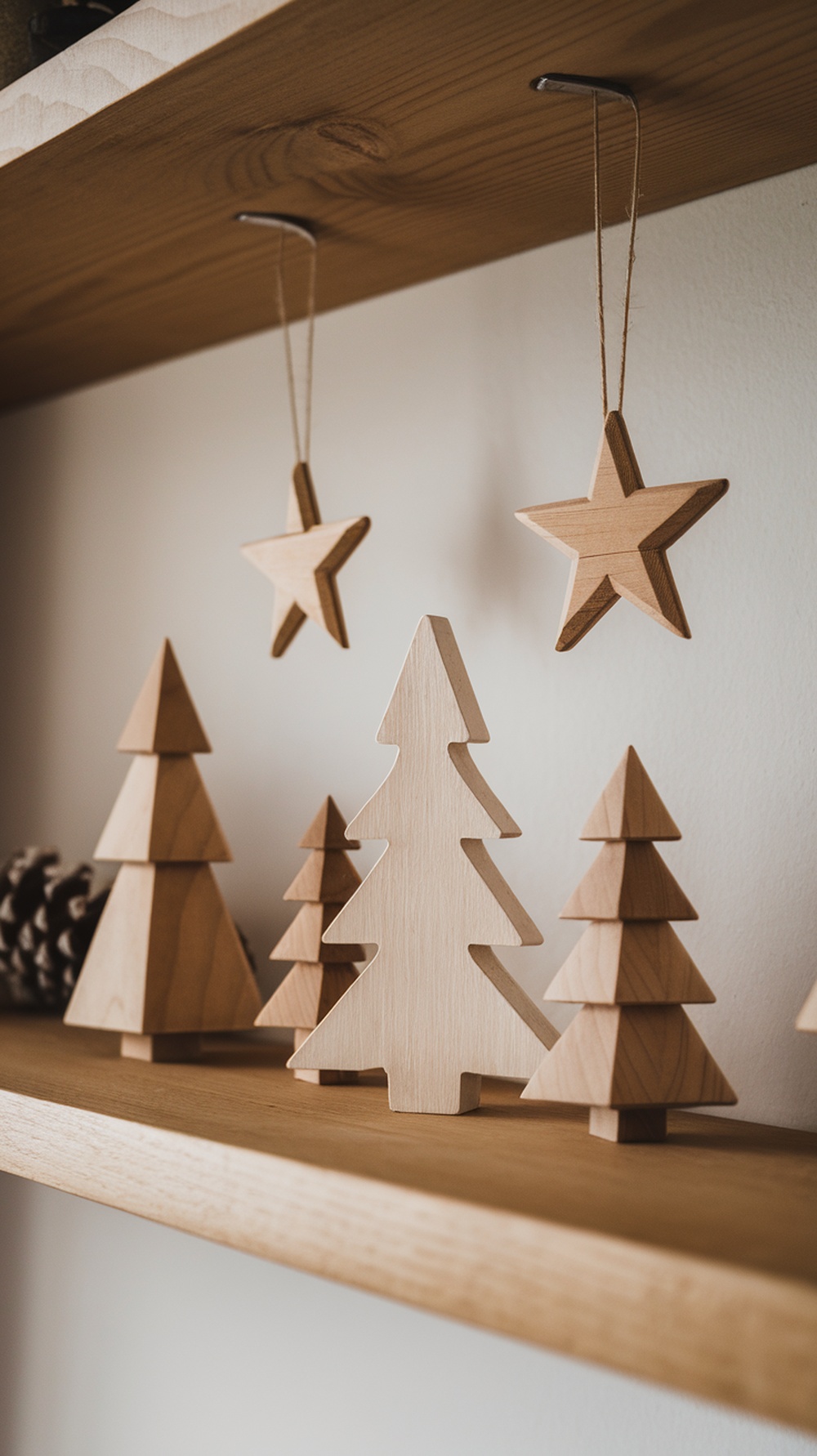 A shelf decorated with wooden Christmas trees and stars, creating a minimalist holiday decor.