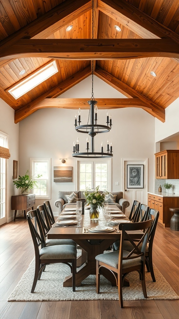 A cozy dining area featuring wooden beam ceiling and a chandelier.