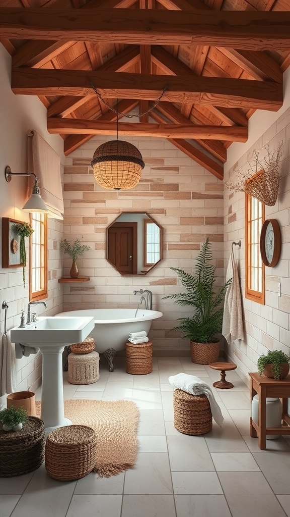 A rustic bathroom featuring wooden beams, a freestanding bathtub, and natural decor elements.