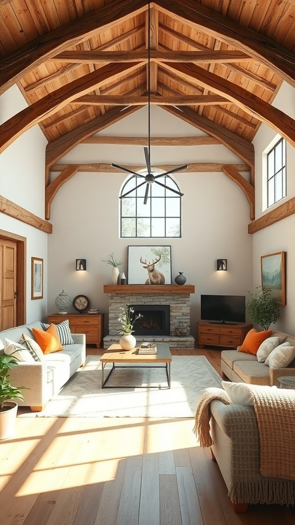 A cozy living room with wooden beams and high ceilings, featuring a fireplace and comfortable seating.