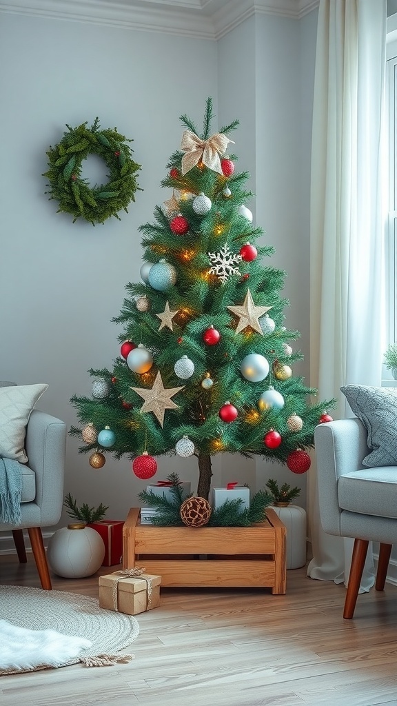 A Christmas tree with colorful ornaments and lights, placed on a wooden crate base, surrounded by cozy decor.